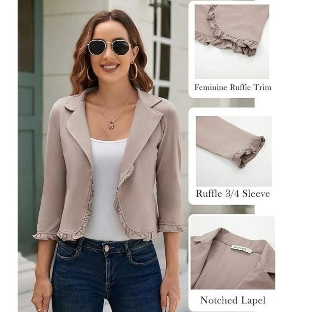 Grace Karin Womens 2XL Gray Ruffle Trim Open Front Jersey Knit Blazer Jacket NWT